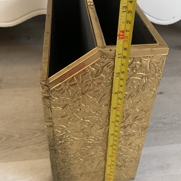 Magnificent Vintage Metal & Wood Magazine Rack Gold Brass MCM textured w handle - Picture 6 of 11